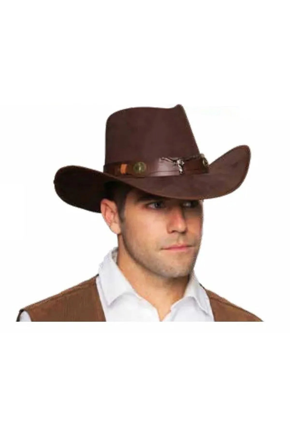 Cowboy Hat With Bull Horns And Brown Faux Leather Band