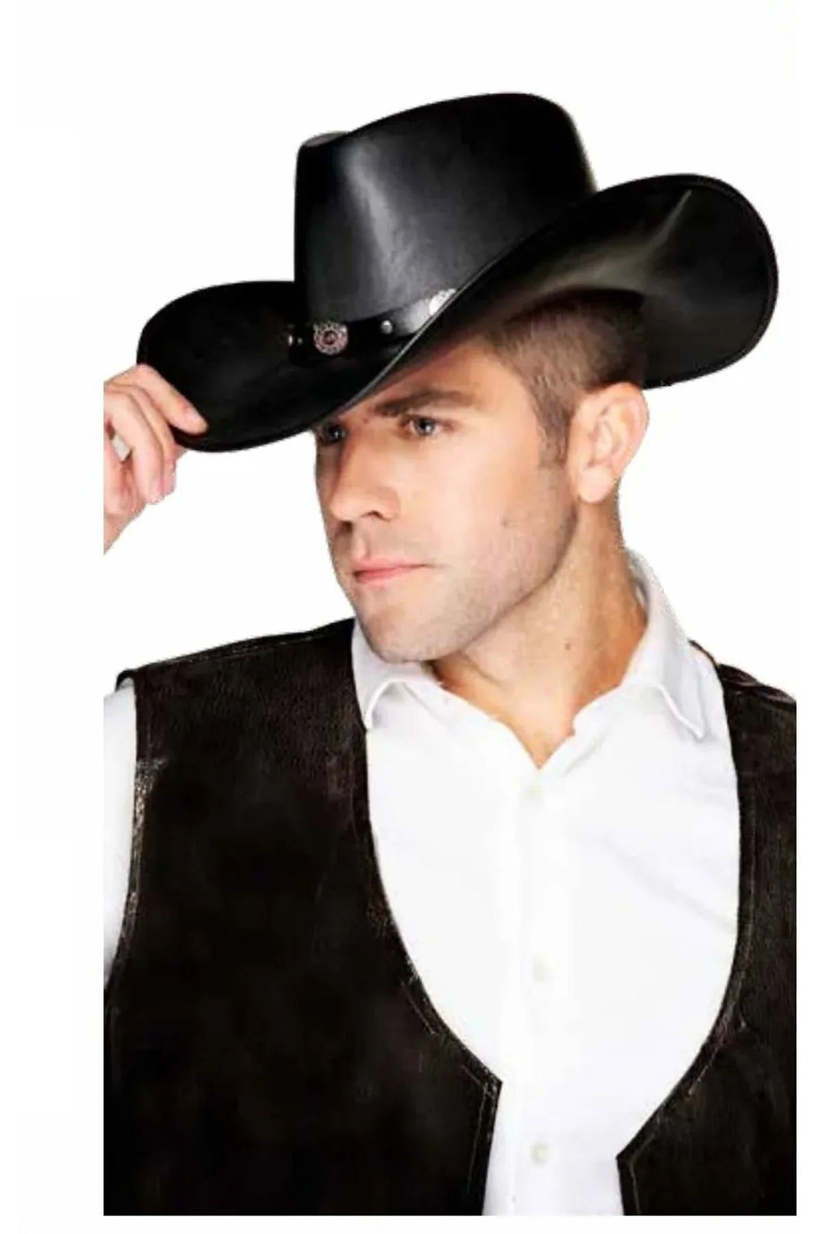 Black Faux Leather Cowboy Hat With Silver Conch Trim
