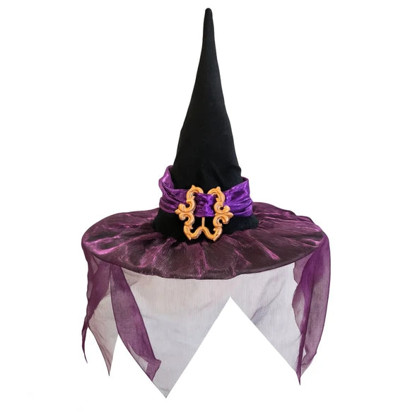 Black Witch Hat with Purple Strap Buckle and Shimmer Veil