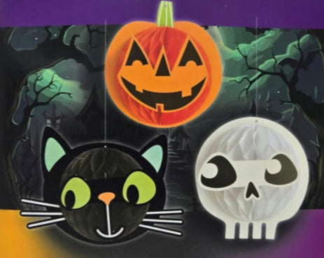 3 Piece Honeycomb Paper Hanging Indoor Halloween Decorations Pumpkin, Cat, Ghost