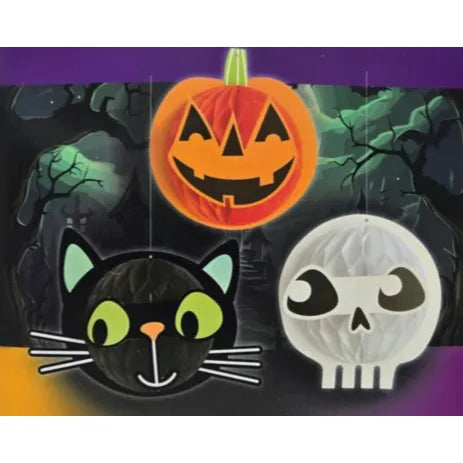 3 Piece Honeycomb Paper Hanging Indoor Halloween Decorations Pumpkin, Cat, Ghost