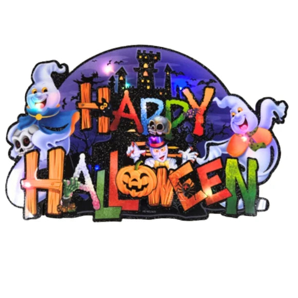 LED Light-Up Happy Halloween Core Board Hanging Decor with Happy Ghosts and Haunted Castle