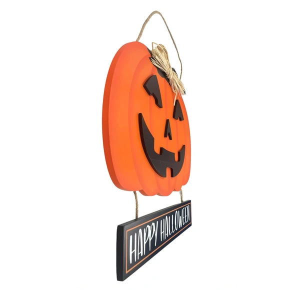 Happy Halloween Pumpkin Hanging Decorative Accent with Bow and Bats