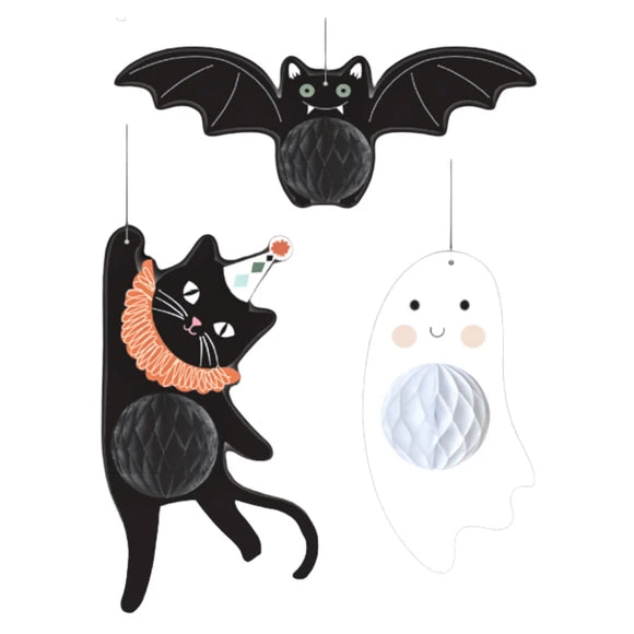 Set of 3 Bat, Cat, and Ghost Honeycomb Paper Bellies Hanging Halloween Decorations
