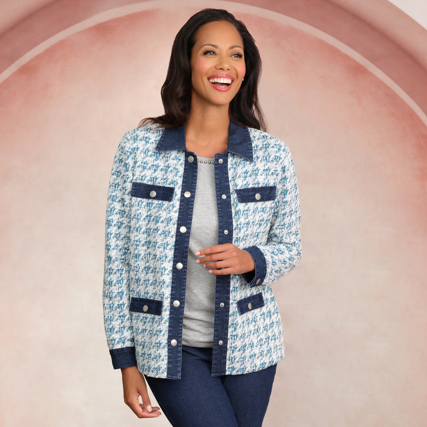 Houndstooth Boucle Knit Jacket Jade Multi - Ruby Rd