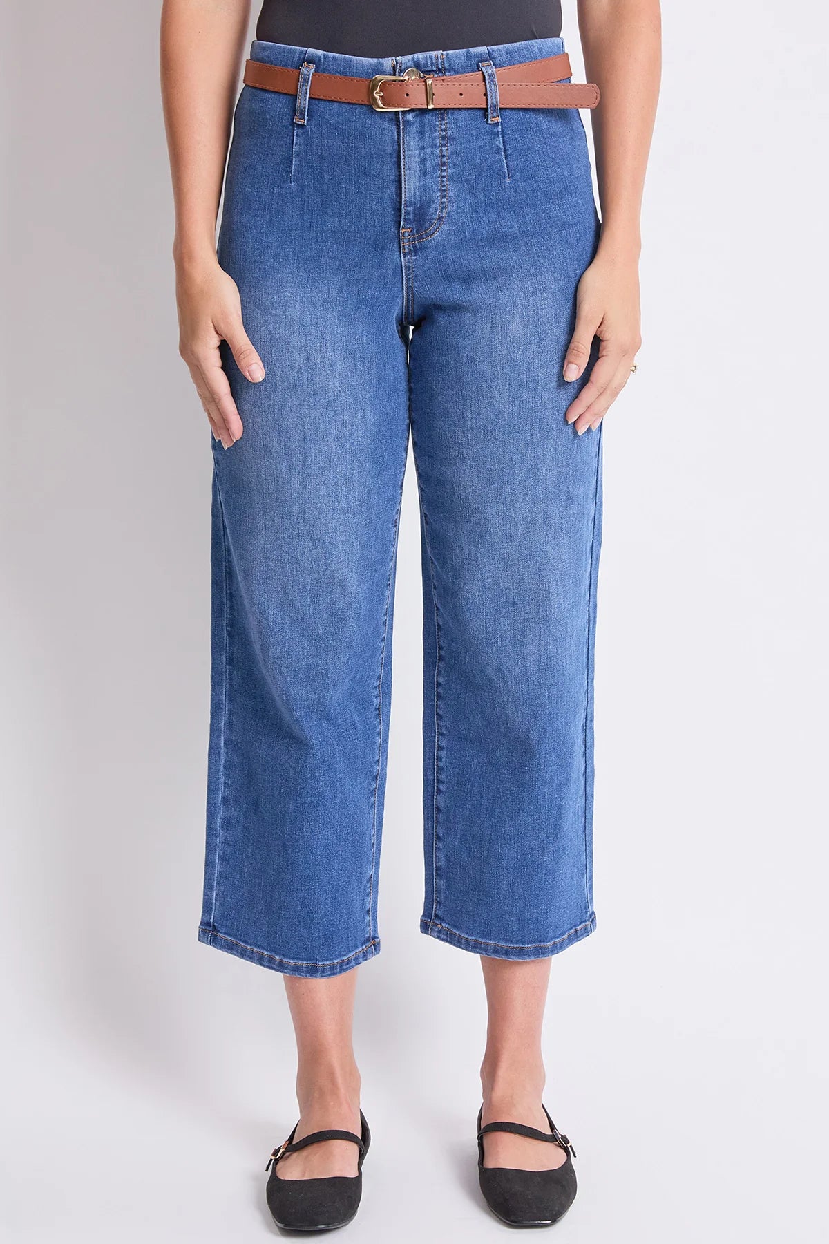 Women's High Rise Crop Belted Wide Leg Jeans Medium Blue - Royalty