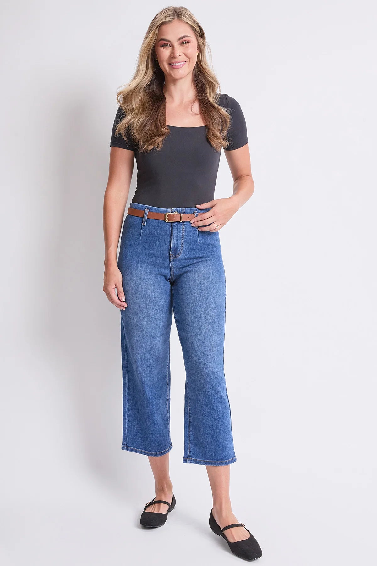 Women's High Rise Crop Belted Wide Leg Jeans Medium Blue - Royalty