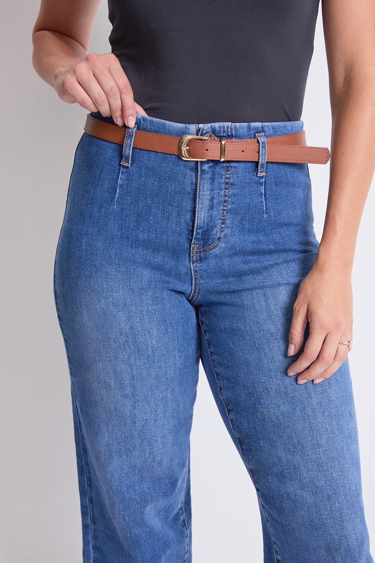 Women's High Rise Crop Belted Wide Leg Jeans Medium Blue - Royalty