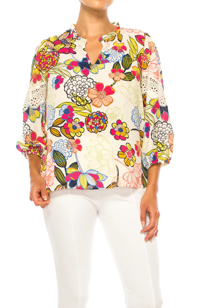 3/4 Multi Print Swing Top Ecru/Rose Multi - Zac & Rachel