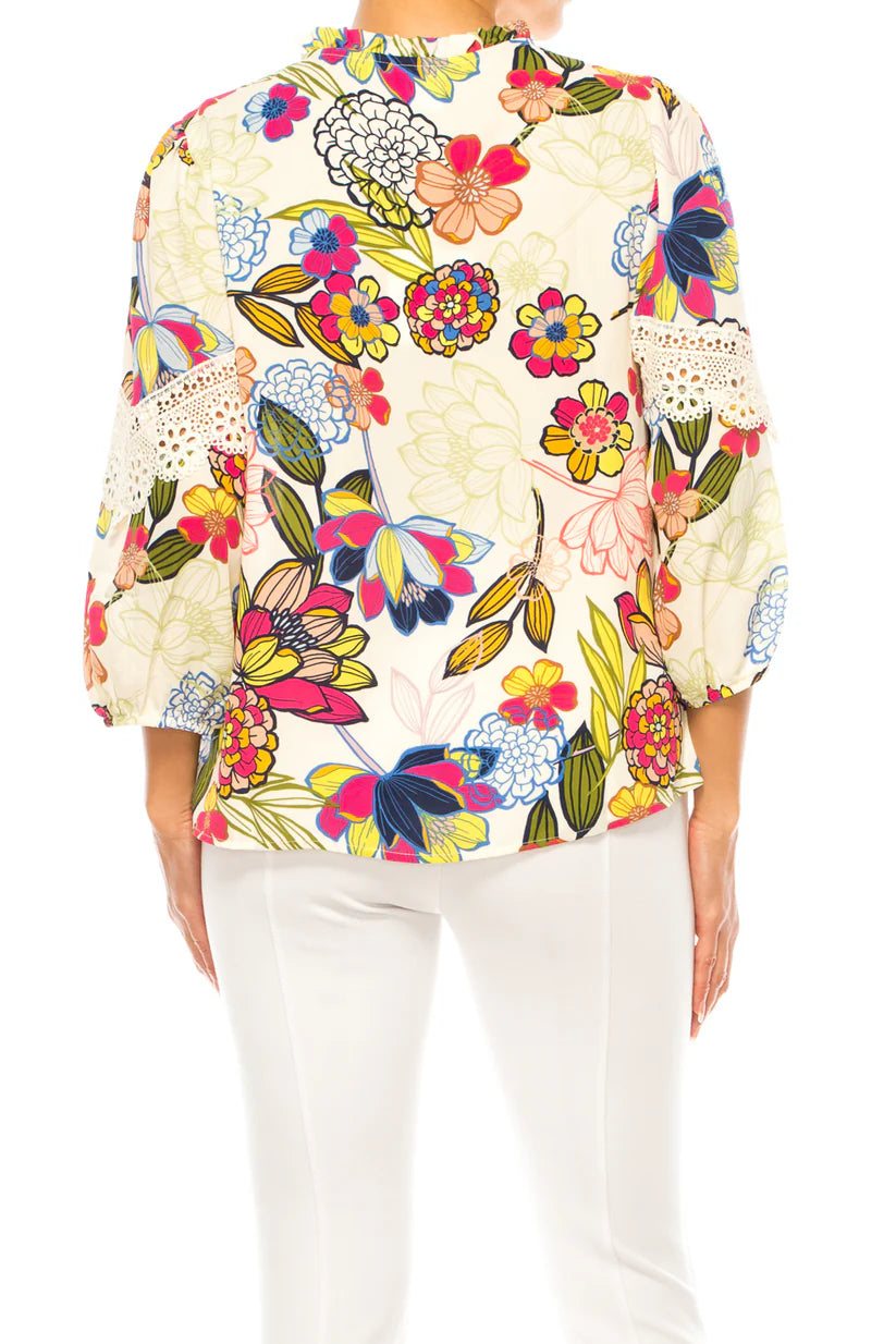 3/4 Multi Print Swing Top Ecru/Rose Multi - Zac & Rachel