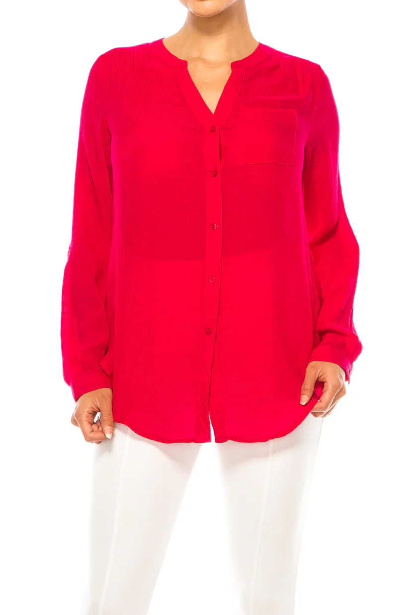 Front Pocket Button Down Top Hibiscus - Zac & Rachel