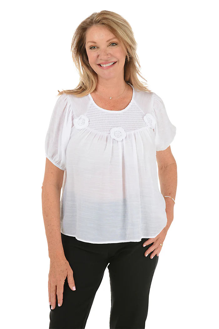 Floral Applique Smocked Yoke Blouse Bright White - Zac & Rachel