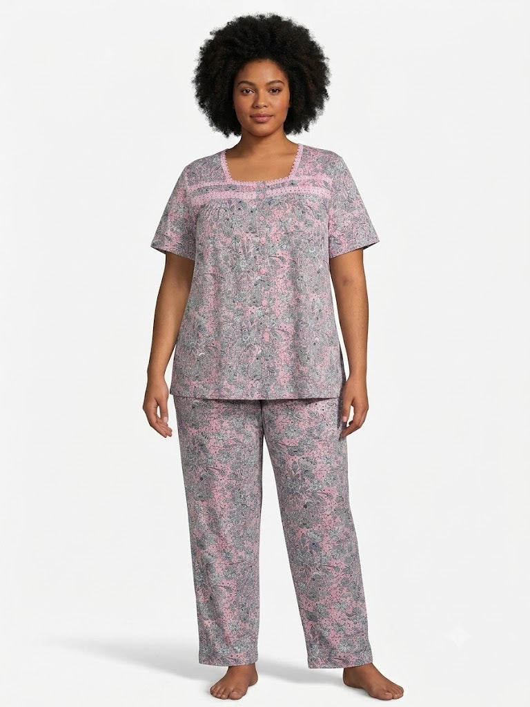 Plus 2PC Top / Capri Pj Set w/Crochet Trim Paisley Rose