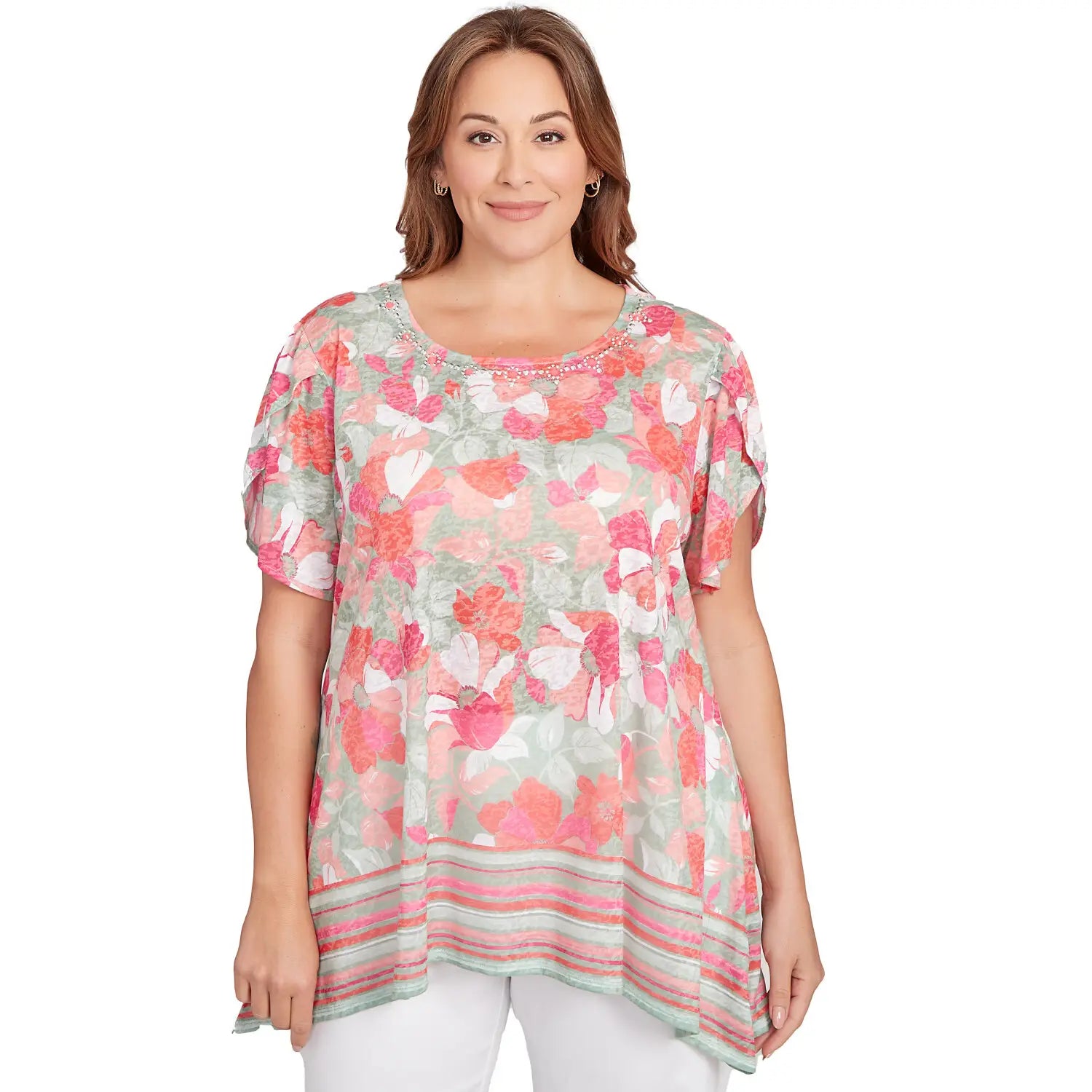 Plus Floral Striped Border Flutter Sleeve Tee Bayleaf Multi - Ruby Rd
