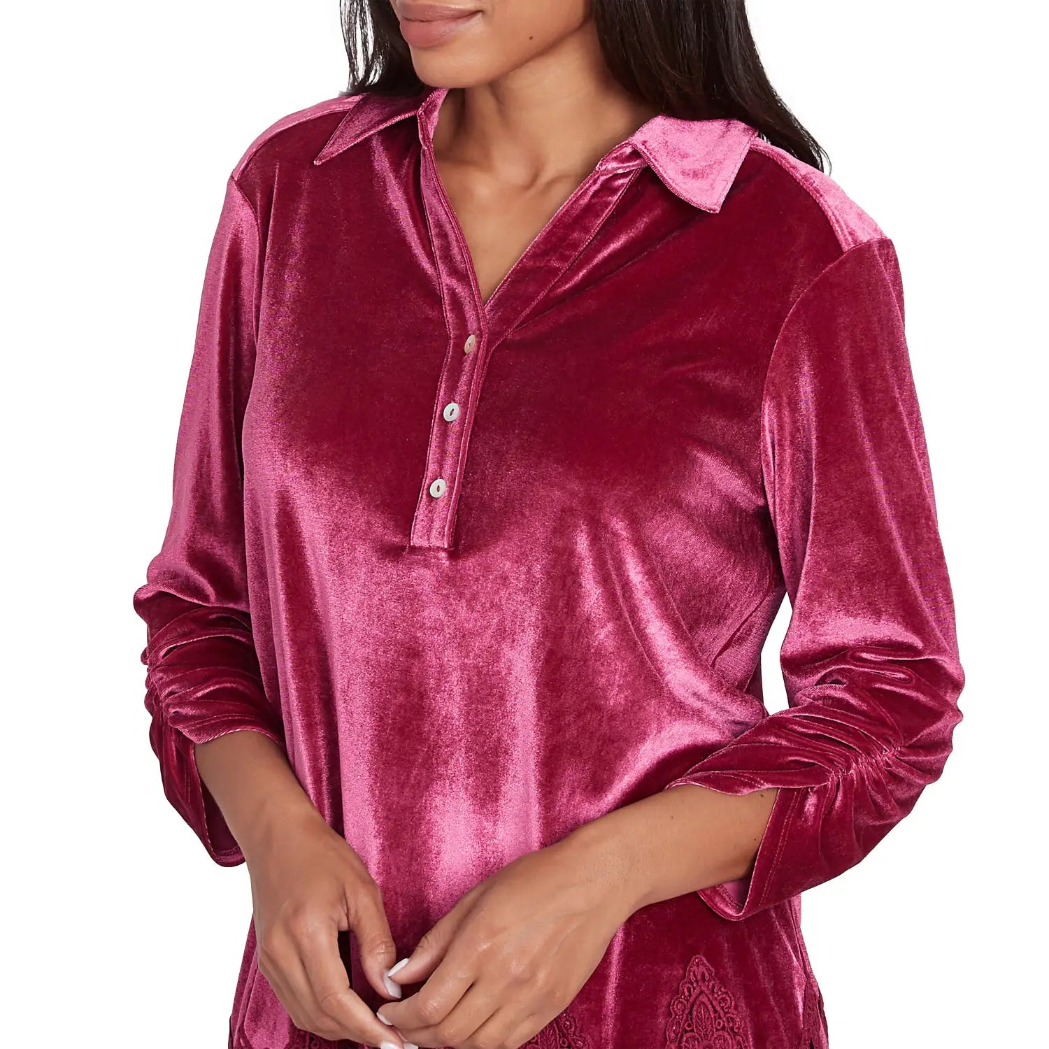 Stretch Velvet Lace Trim Top Beet - Ruby Rd