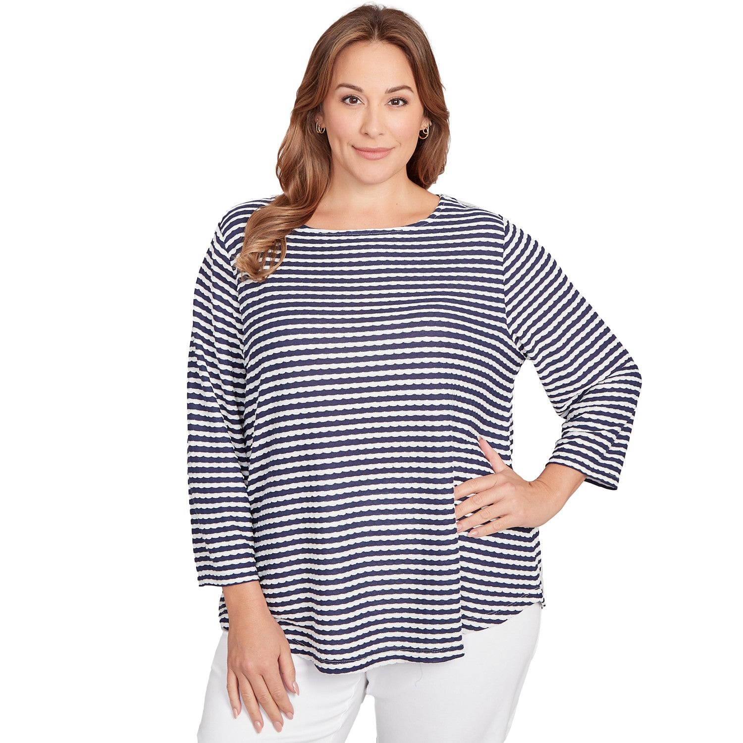 Plus Scalloped Texture Stripe Top Navy Multi - Ruby Rd