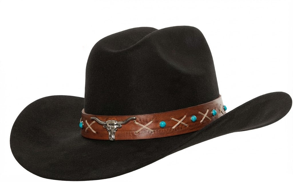Cowboy Hat with Brown Leather Band and Stitching
