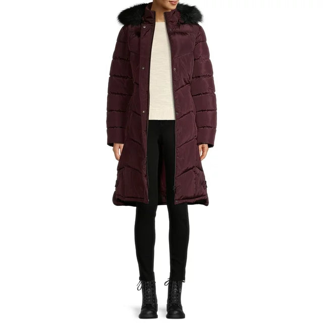 Chevron Quilted Maxi Coat with Faux Fur Hood Figc