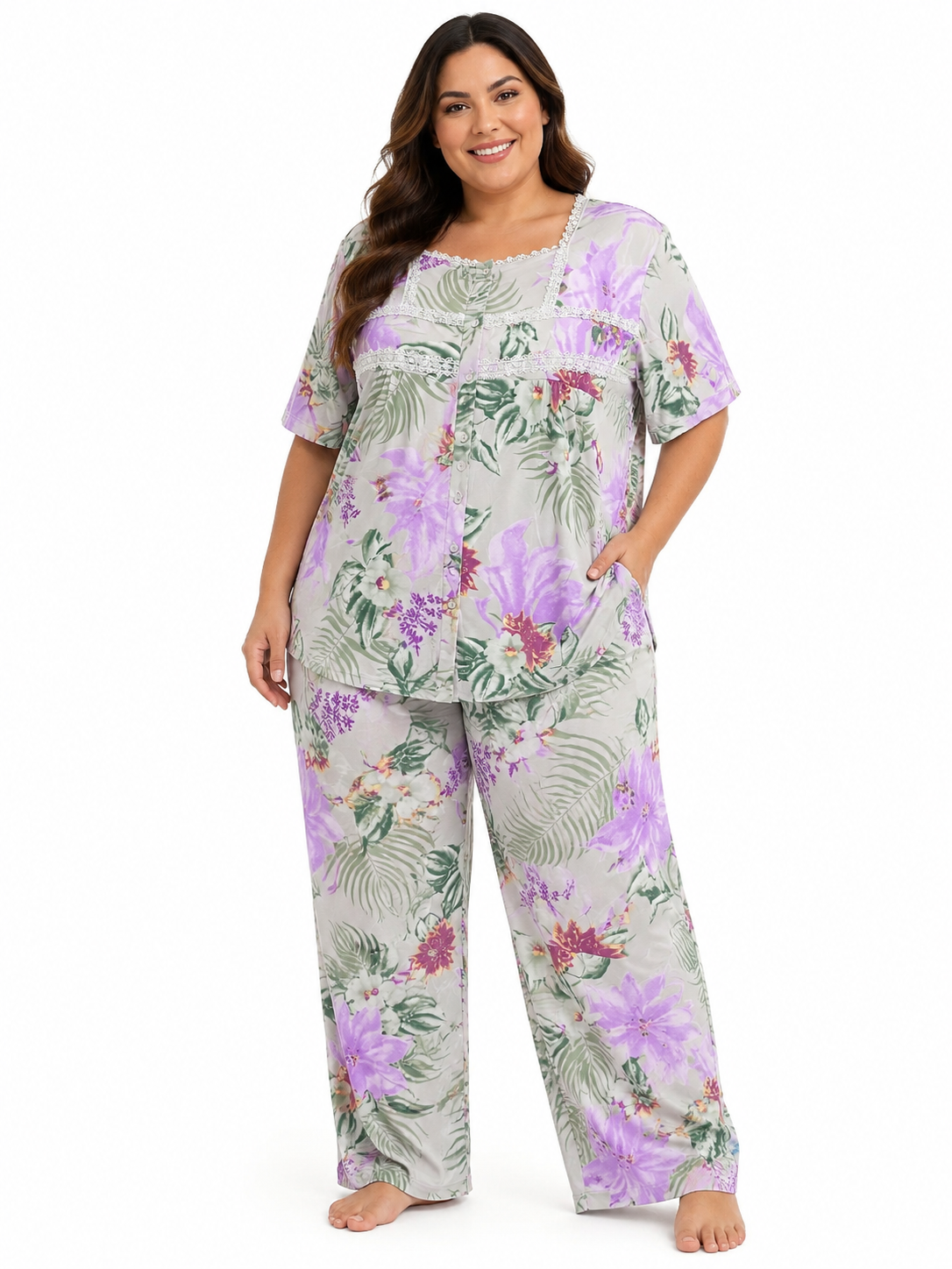 Plus 2PC Top / Capri Pj Set w/Crochet Trim Floral Grey-Purple