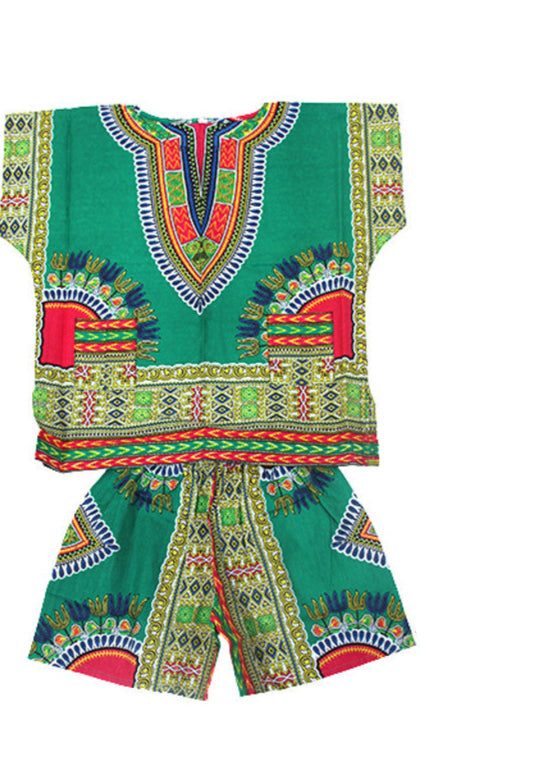 Kids Dashiki & Shorts Set Green