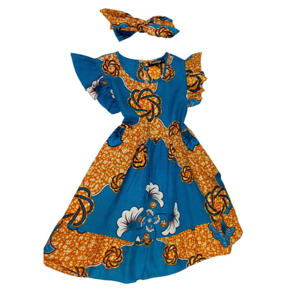 Vestido Niña Turquesa-Mostaza-Blanco ( Etnia Negra)