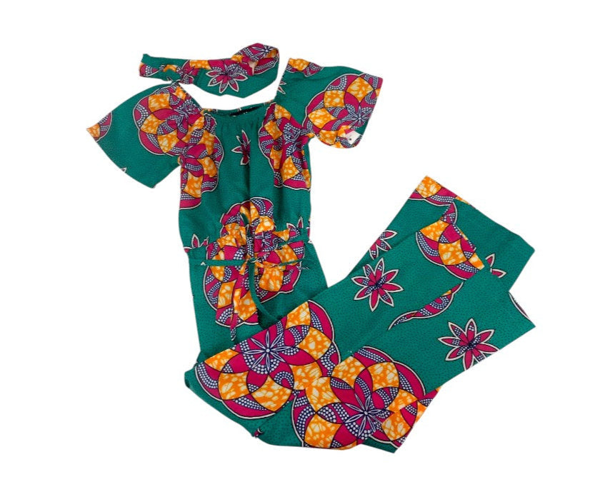Jumpsuit Niña Verde Esmeralda-Naranja-Fucsia ( Etnia Negra)