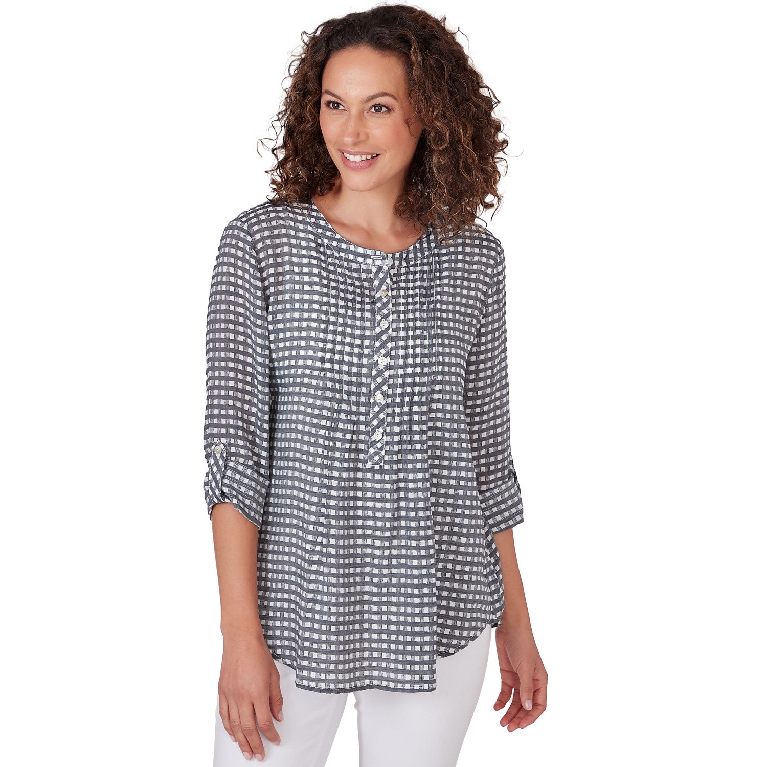 Gingham Silky Slub Top Black Multi - Ruby Rd
