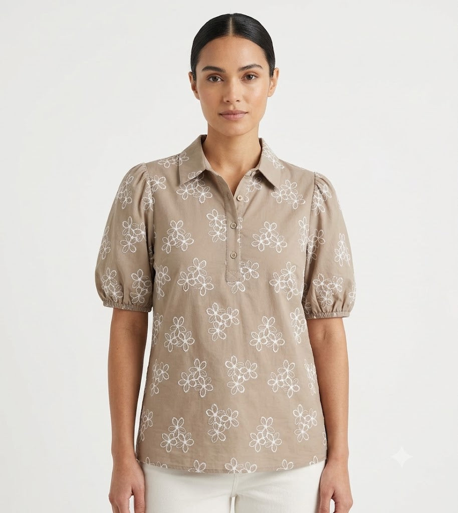 Embroidered Puff Sleeve Polo Oxford Tan