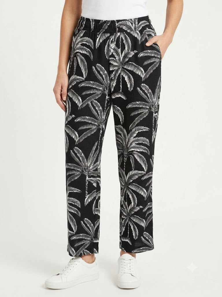 Trousers with Palm Tree Print- White-Black- Ninety