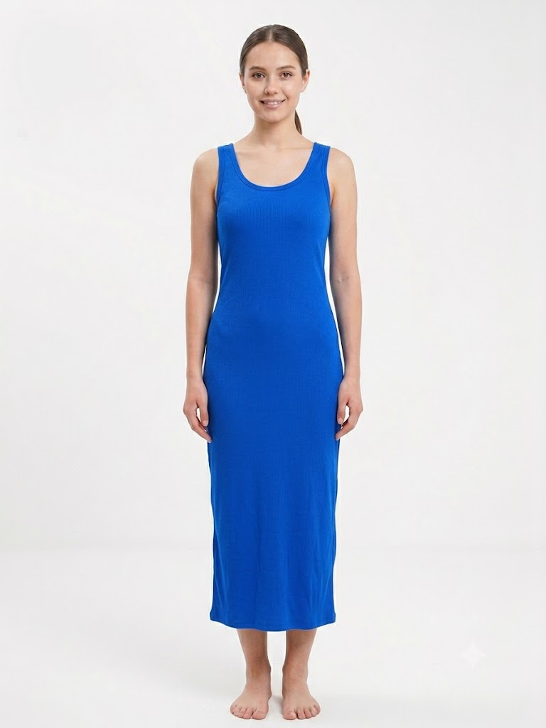 Ladies Ribbed Long Chemise ELECTRIC BLUE