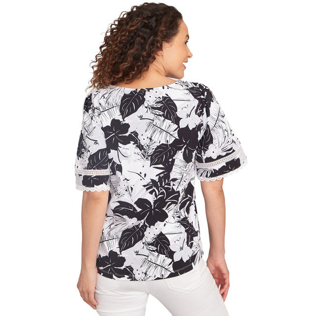 Knit Tropical Paradise Print Crew Neck Short Sleeve Top Black Multi- Ruby Rd
