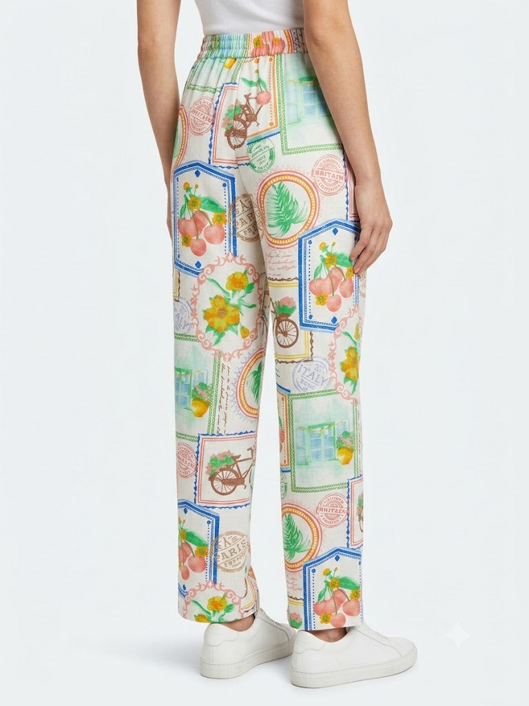 Floral and Fruit Print Trousers - White-Green- Ninety