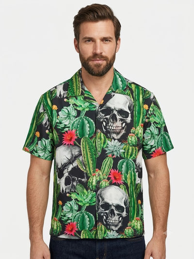 Poly Print Hawaiian Shirts SKULLS WITH CACTUS