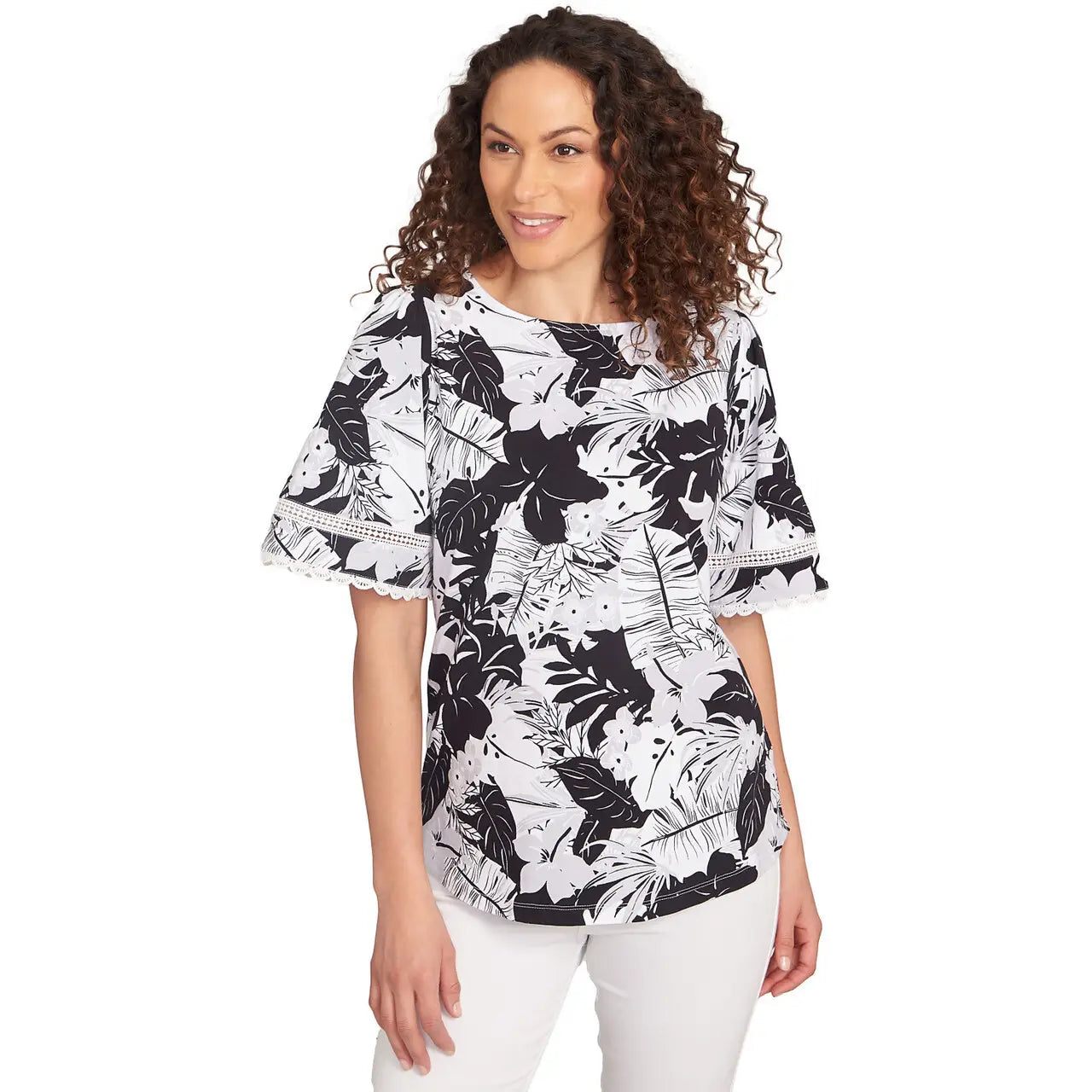 Knit Tropical Paradise Print Crew Neck Short Sleeve Top Black Multi- Ruby Rd