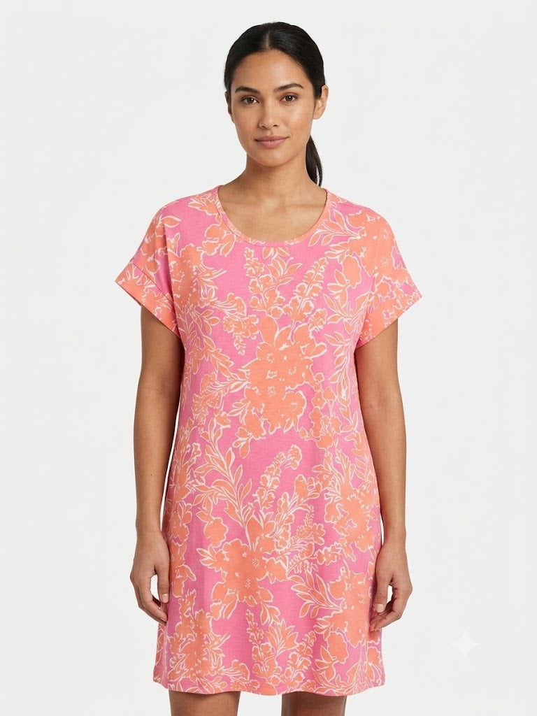 Pink Palm Trees Cuffed Short Sleeve Dress s- Ninety