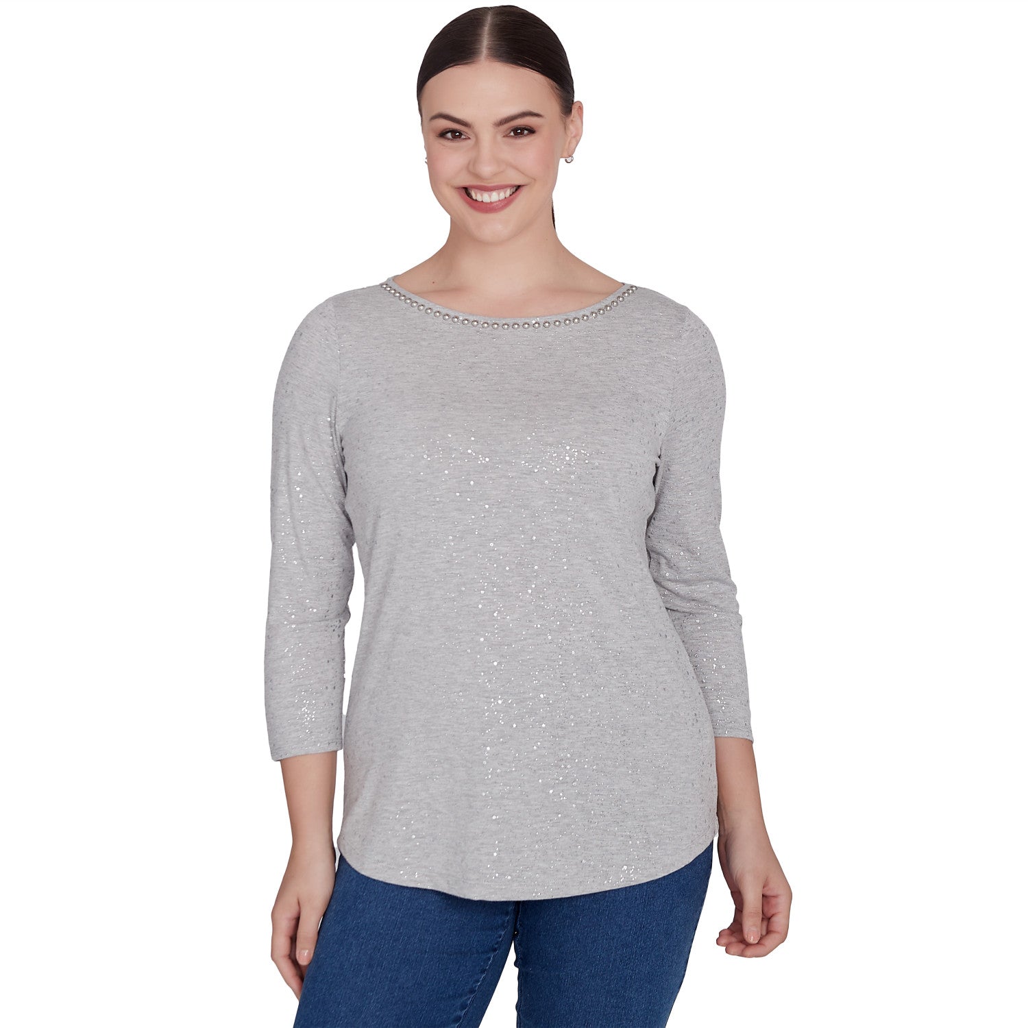 Embellished Dew Drops Glitter Knit Top Grey - Ruby Rd