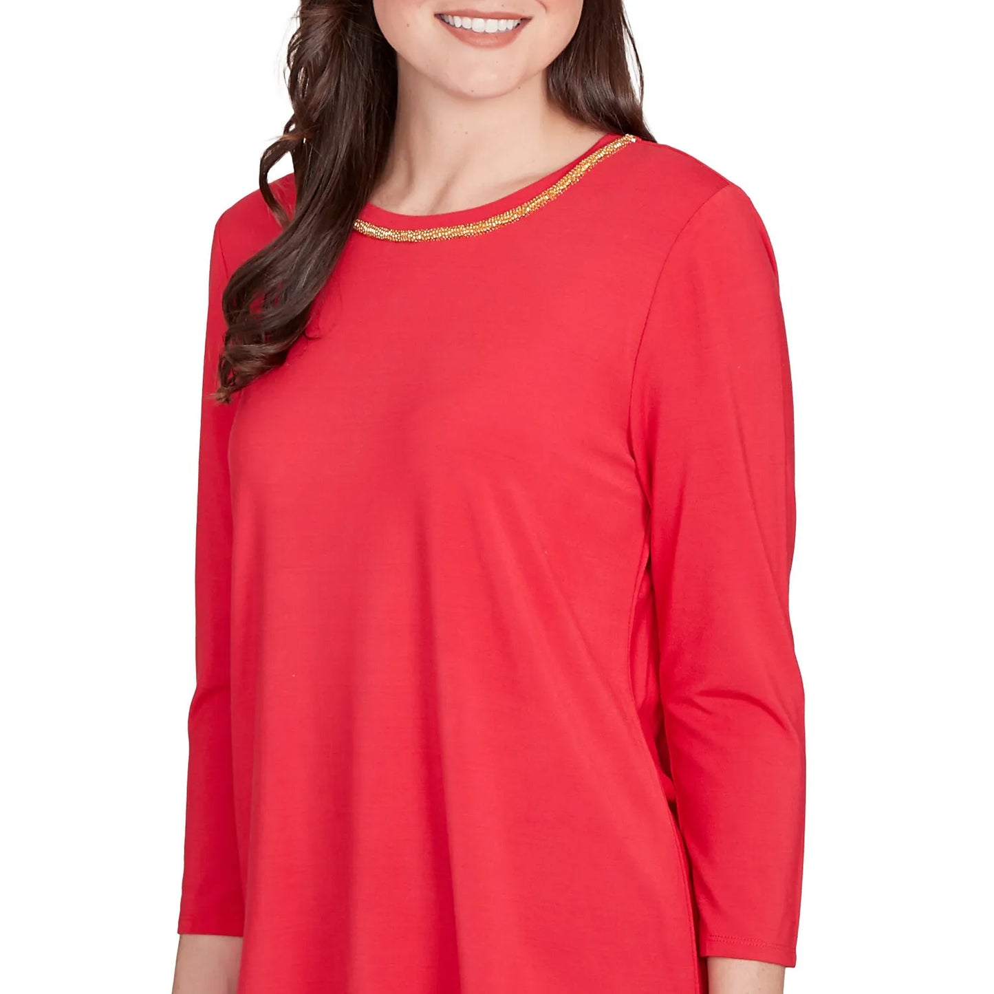 Embellished Scoop Neck Solid Knit Top Cherry - Ruby Rd