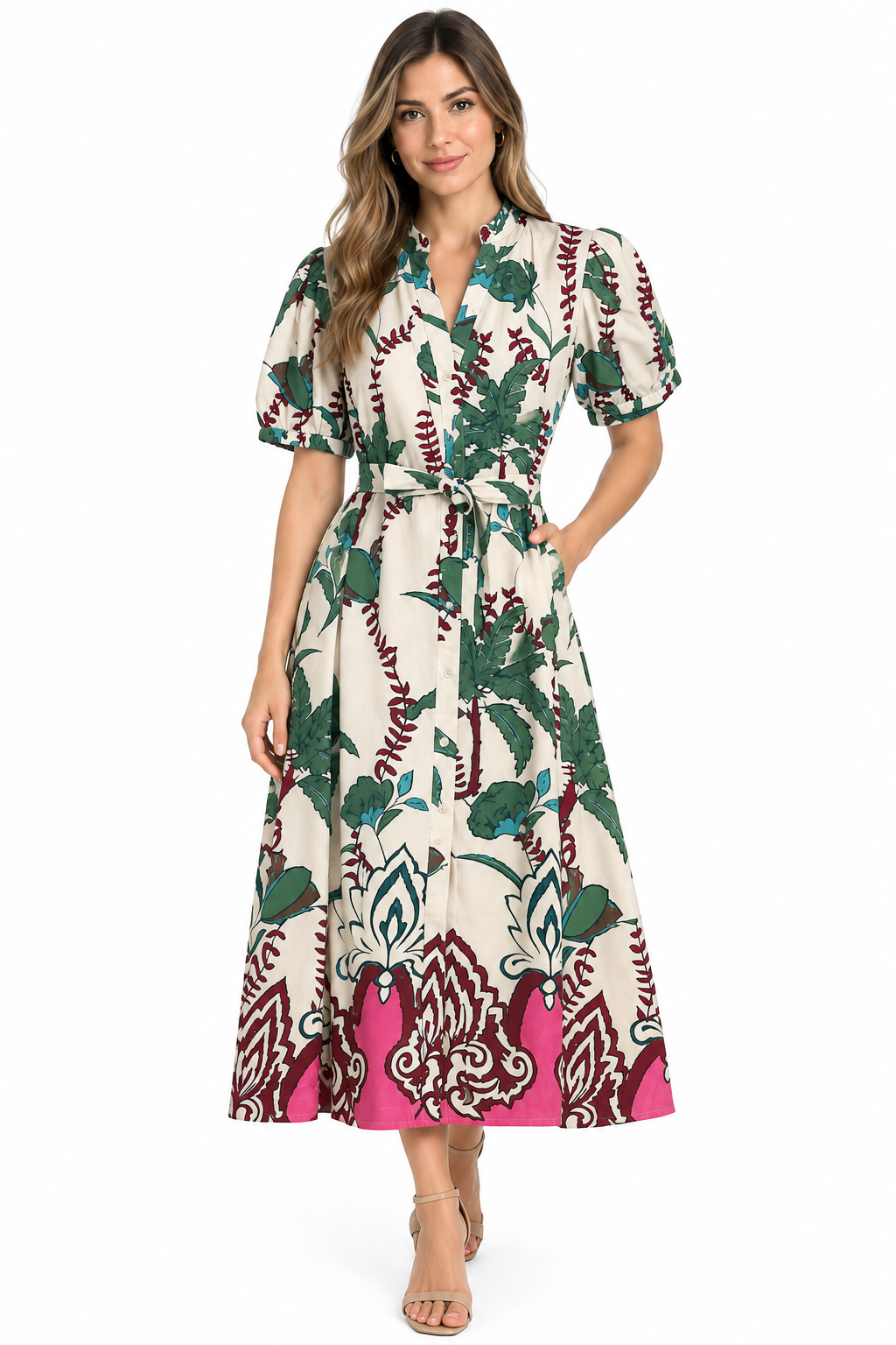 Sleeves Cambric Button Down Belted Maxi Dress White/Hot Pink /Green