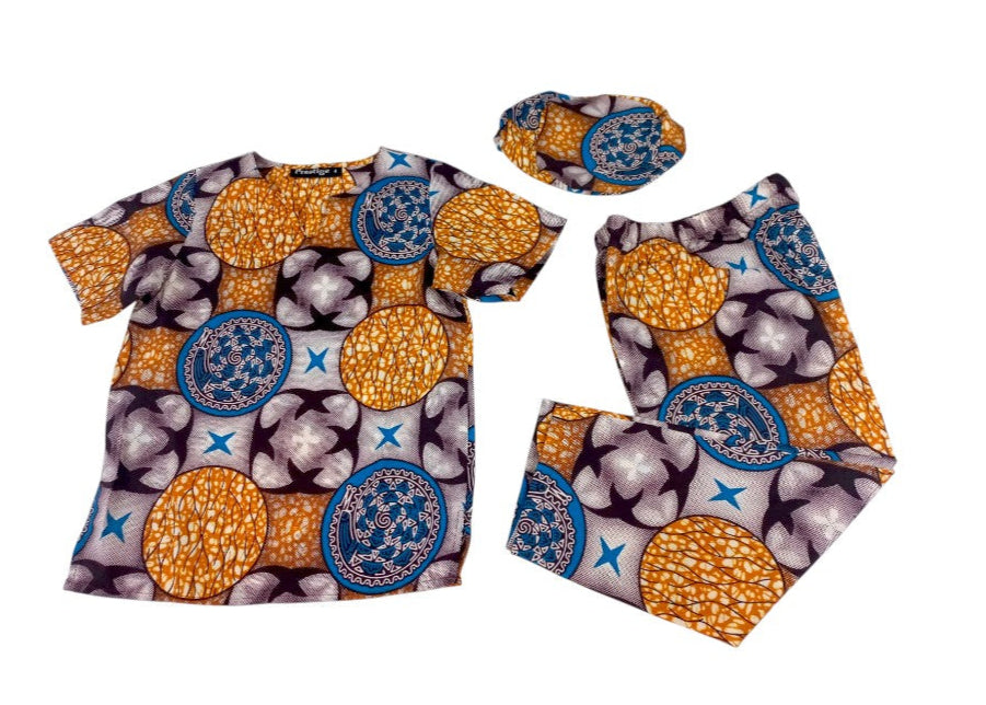 Conjunto Niño Chocolate-Mostaza-Azul (Etnia Negra)