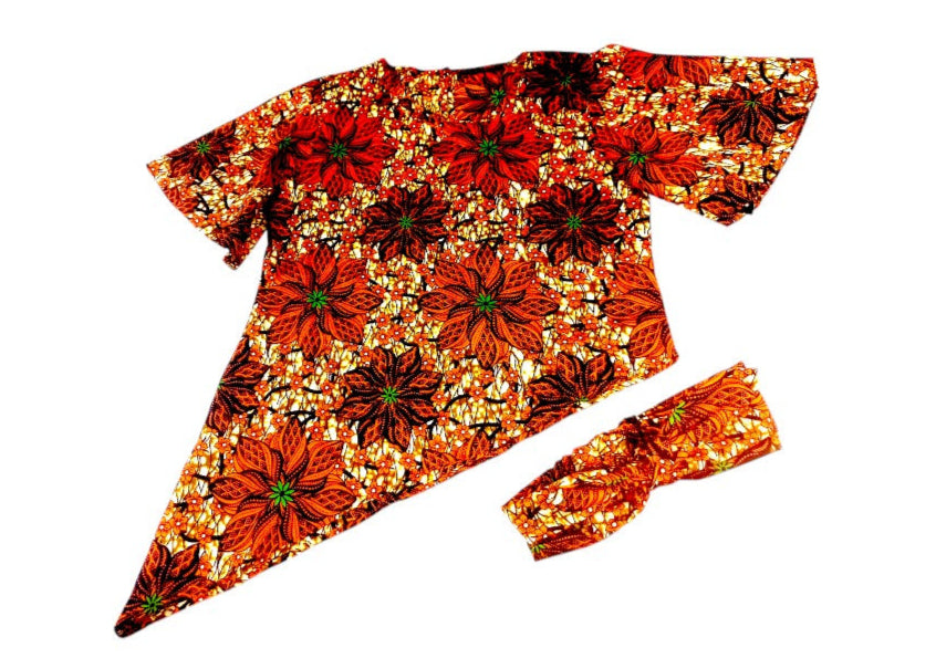 Camisa Dama Flores Naranja-Chocolate-Verde (Etnia Negra)
