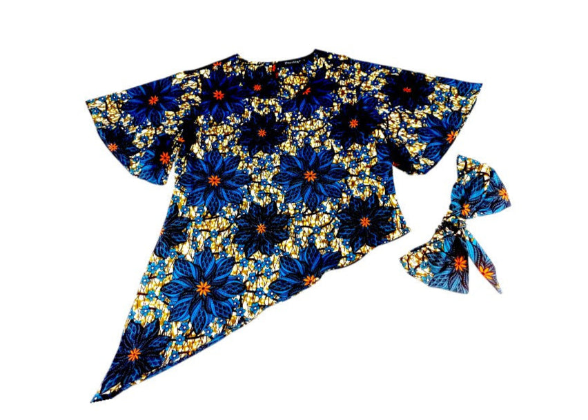 Camisa Dama Flores Azul-Naranja-Mostaza (Etnia Negra)