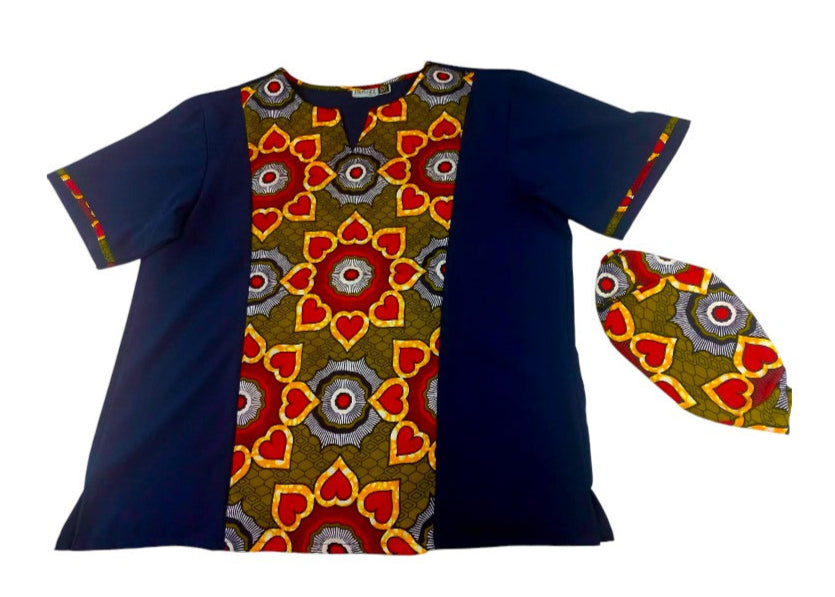 Camisa y Kufi Caballero Azul Marino-Estampado (Etnia Negra)