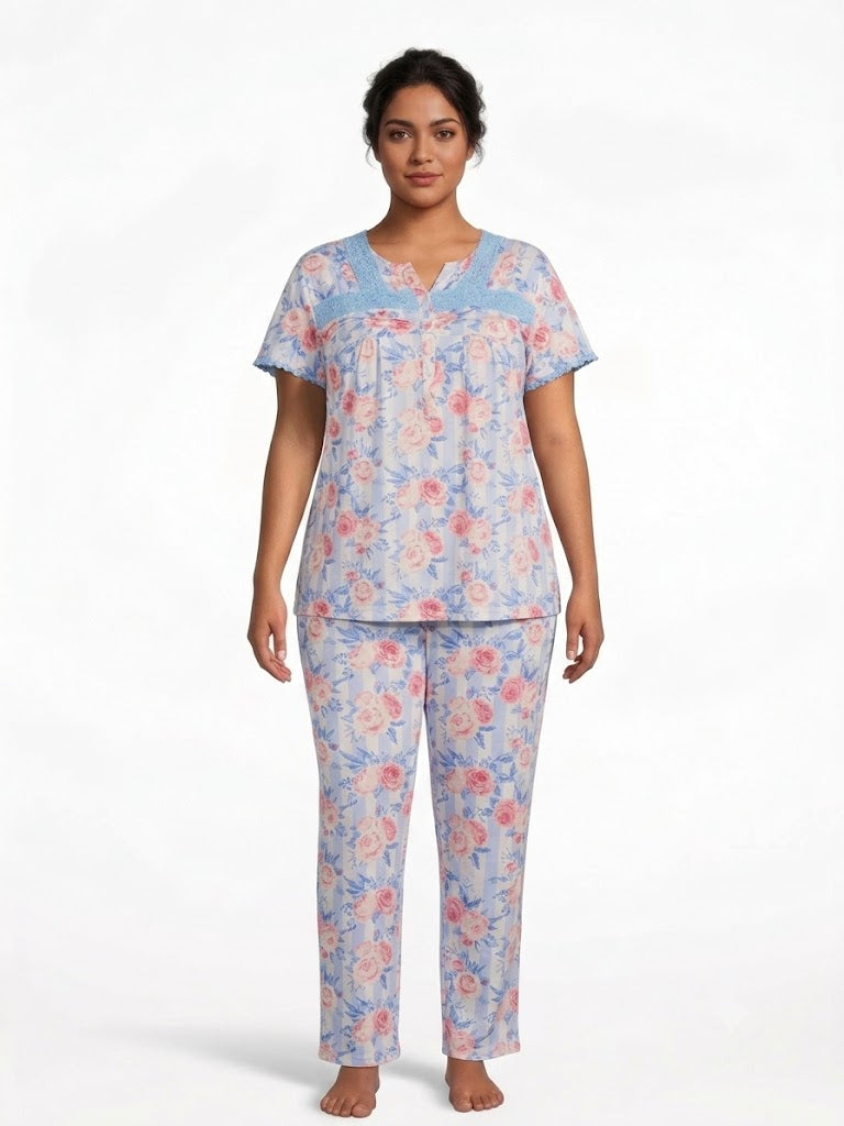 Plus Pant Pj Set , w / Lace & Bottoms , Floral Blue