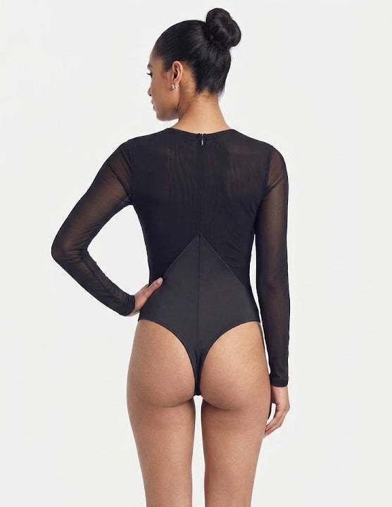 Mesh & Micro Bodysuit w/ Straps Black
