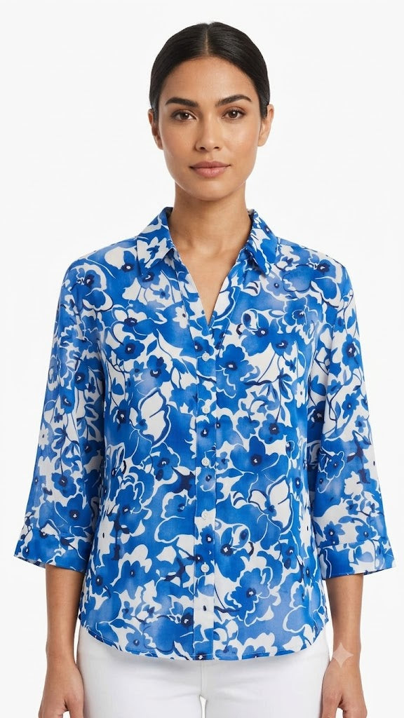 Blouse Printed White-Blue - Ninety