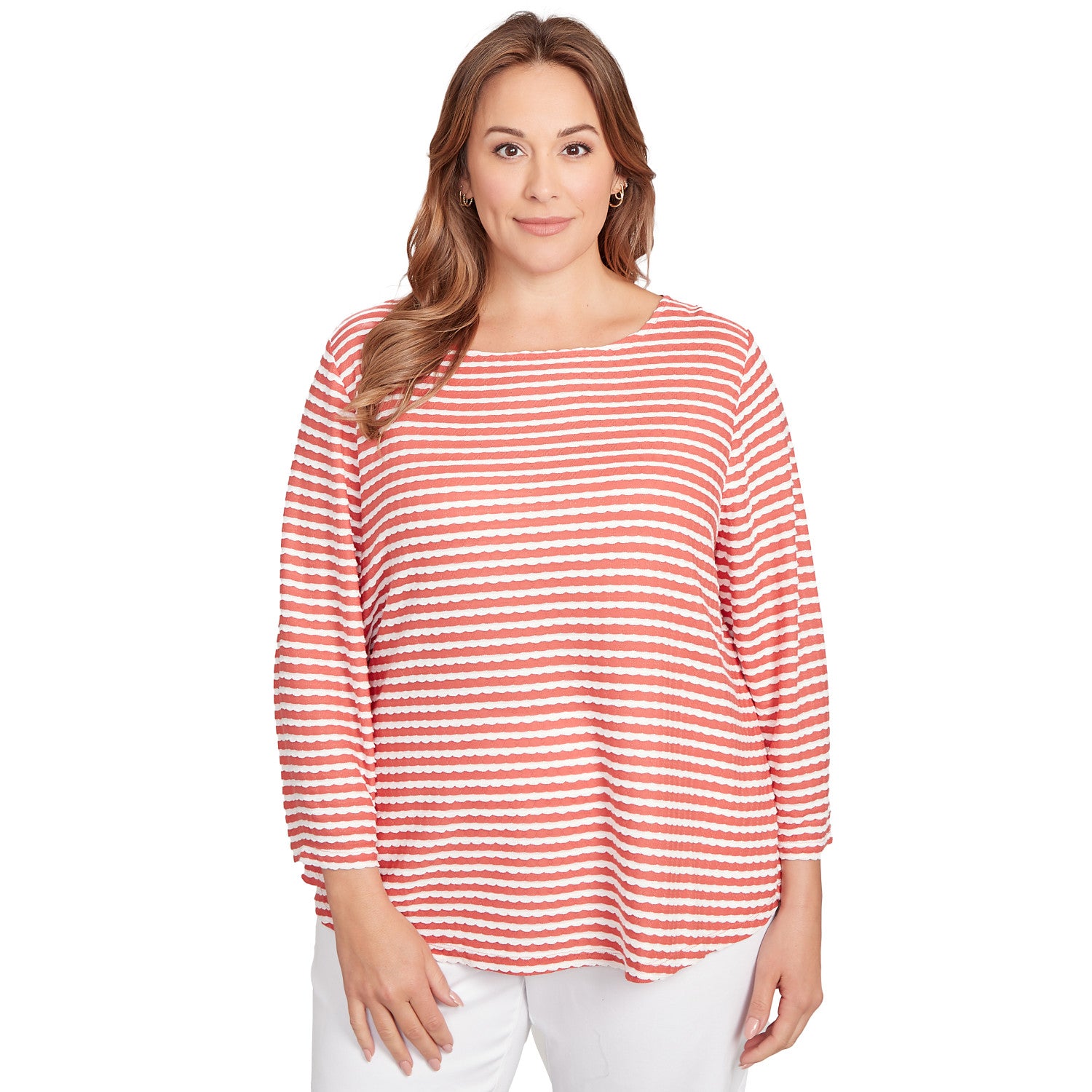 Plus Women's Scalloped Texture Stripe Top Chili Multi - Ruby Rd