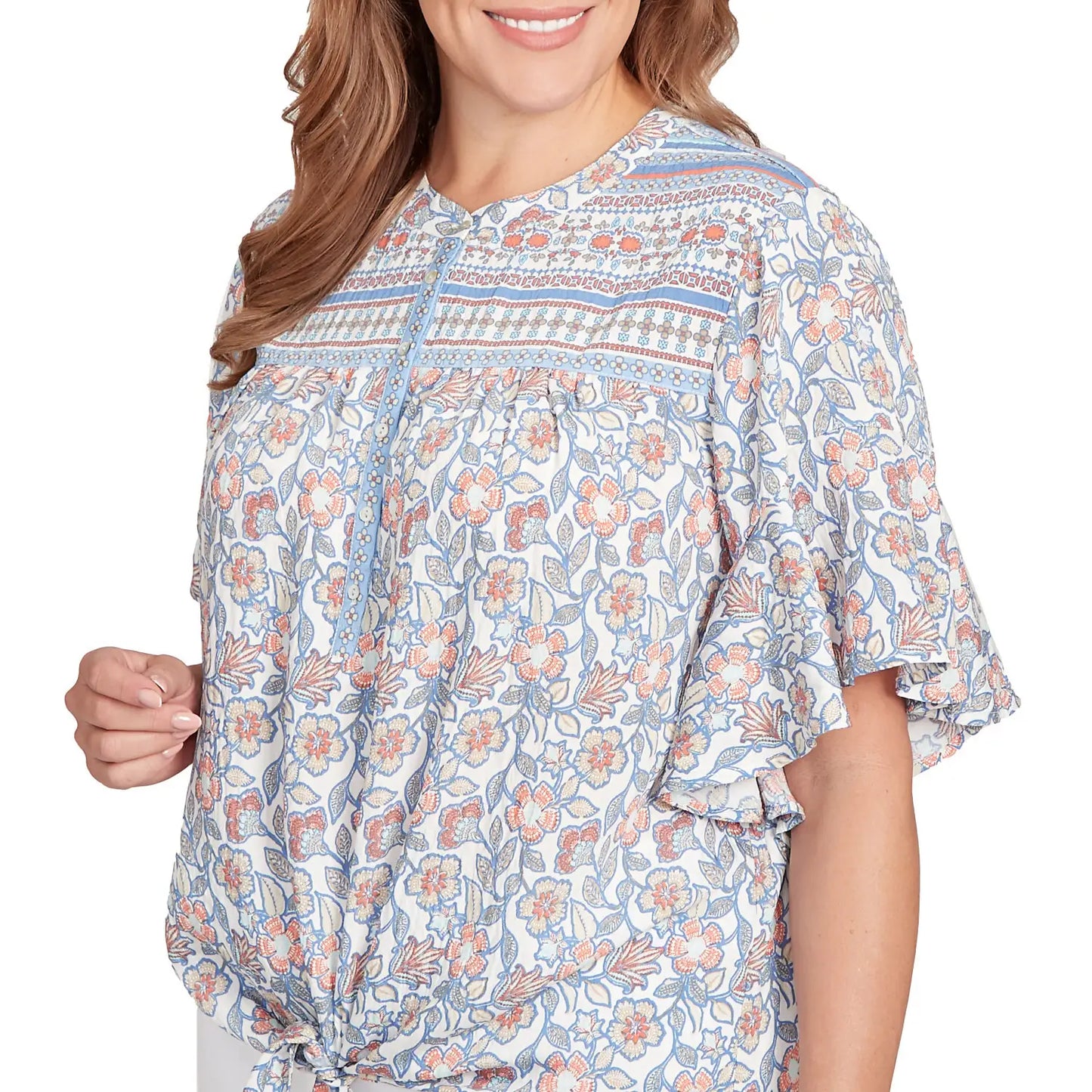 Plus Vintage Floral Tie Front Henley Tee - Ruby Rd