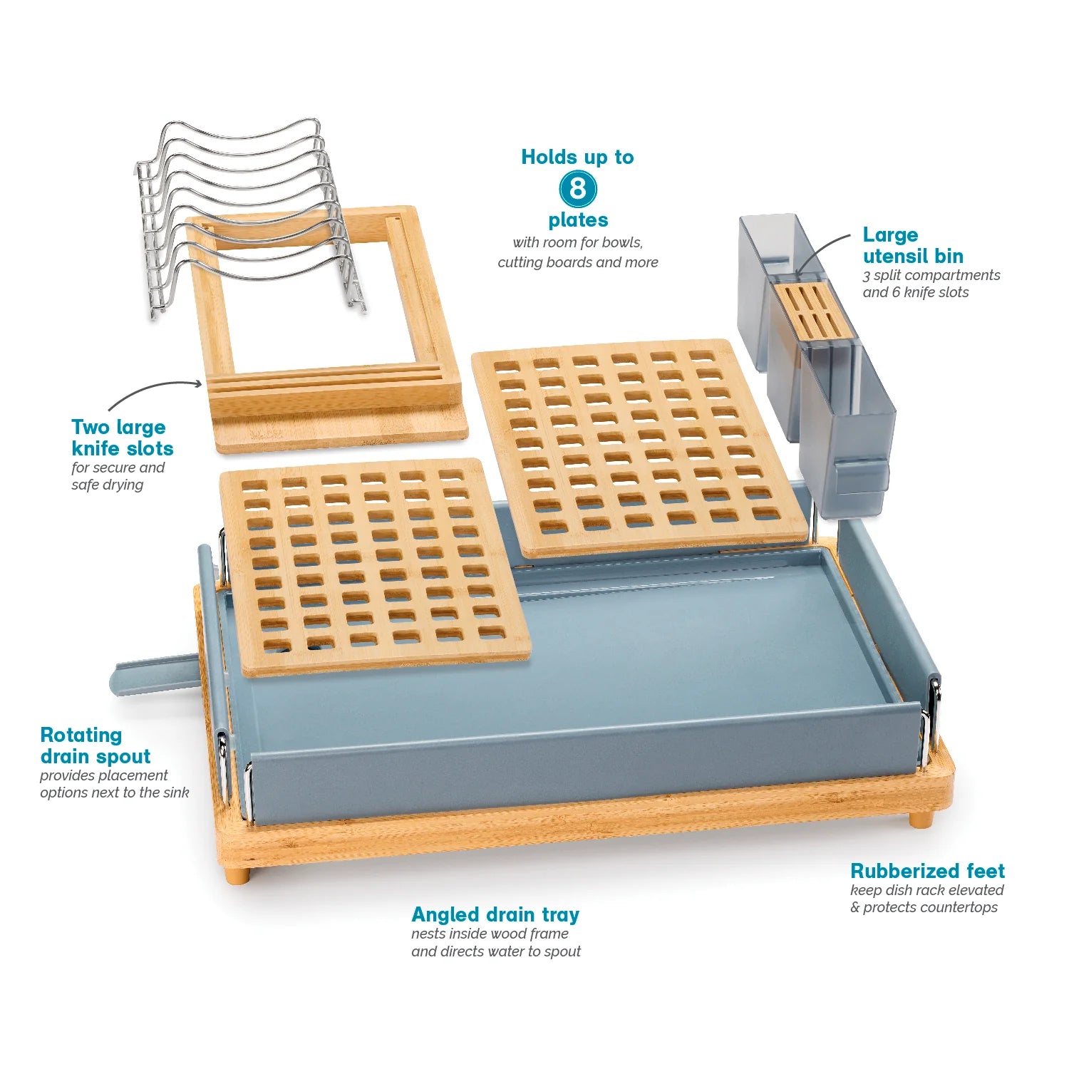 Large Capacity Bamboo Dish Rack Grey