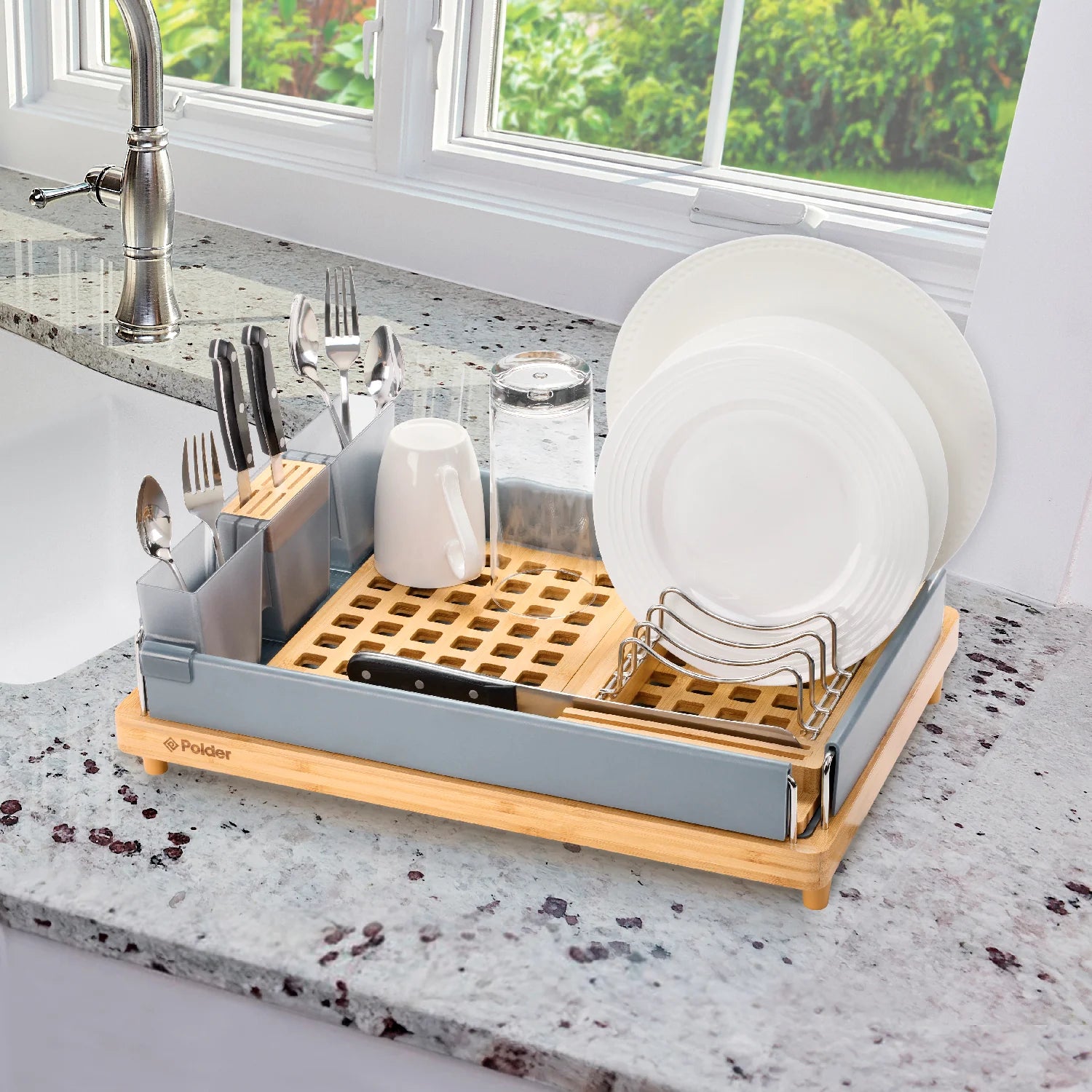 Large Capacity Bamboo Dish Rack Grey