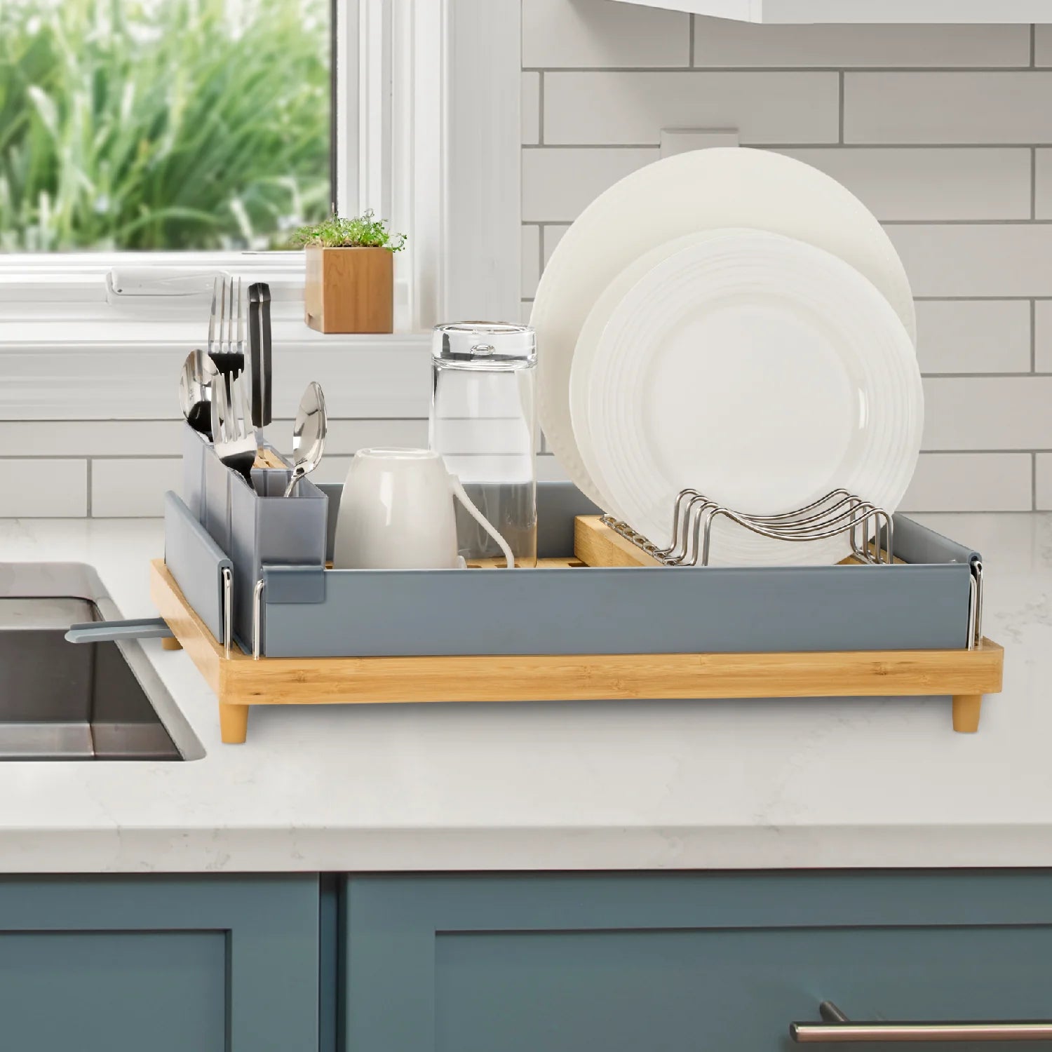 Large Capacity Bamboo Dish Rack Grey